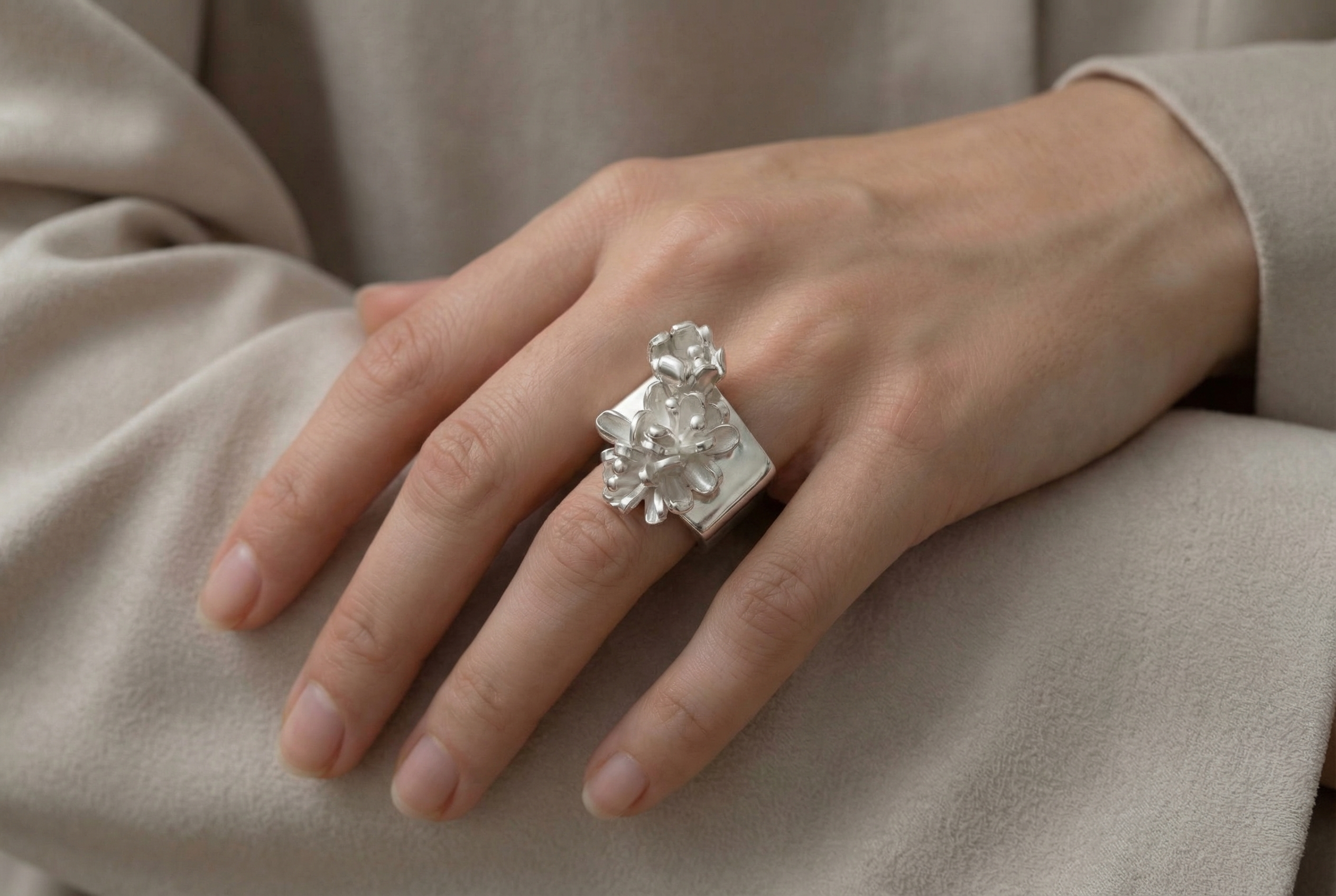 Silver Flower Square Ring
