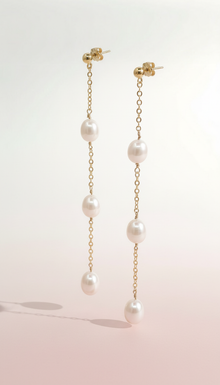 Drop Chain 3 Oval Pearl Earrings