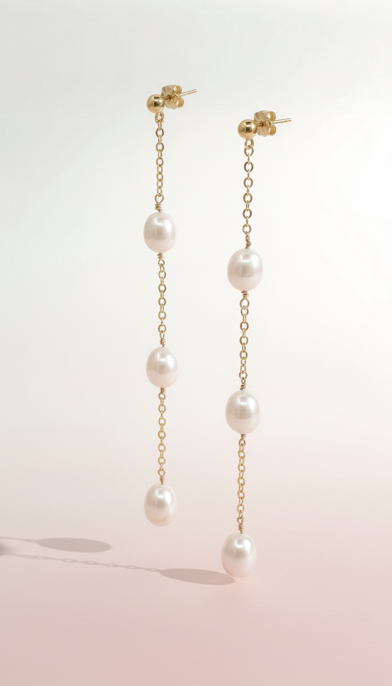 Drop Chain 3 Oval Pearl Earrings