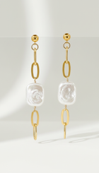 Thick Gold Chain Rectangle Pearl Earrings