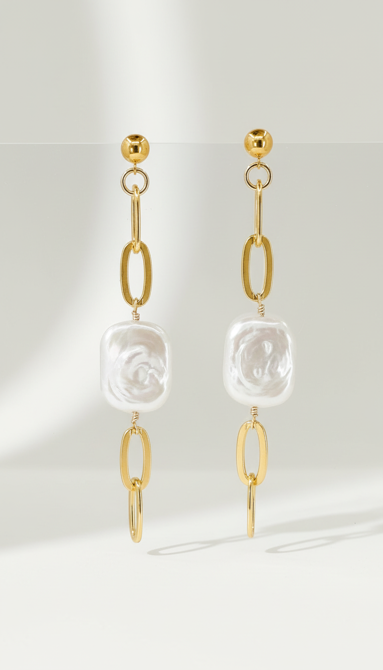 Thick Gold Chain Rectangle Pearl Earrings