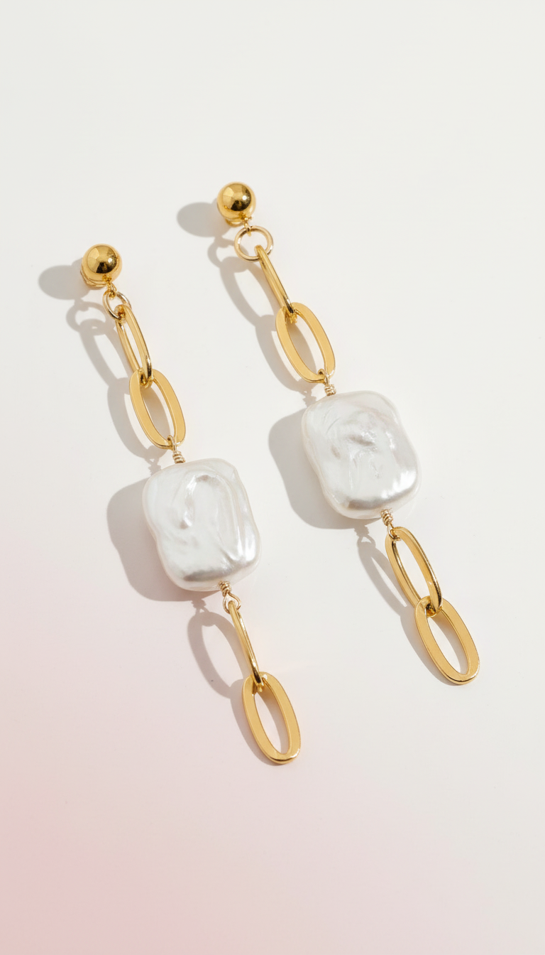 Thick Gold Chain Rectangle Pearl Earrings