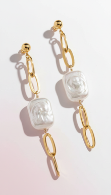 Thick Gold Chain Rectangle Pearl Earrings
