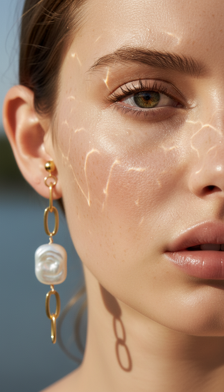 Thick Gold Chain Rectangle Pearl Earrings