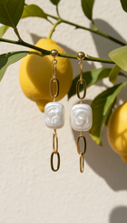 Thick Gold Chain Rectangle Pearl Earrings
