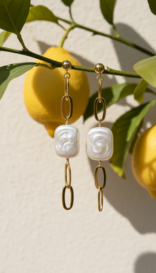 Thick Gold Chain Rectangle Pearl Earrings