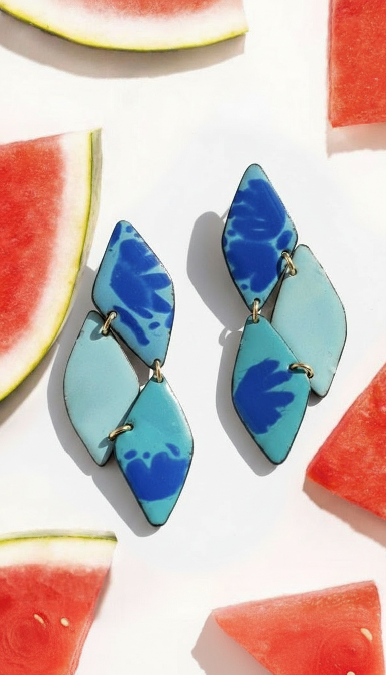 Enamel Earrings Blue Flowers