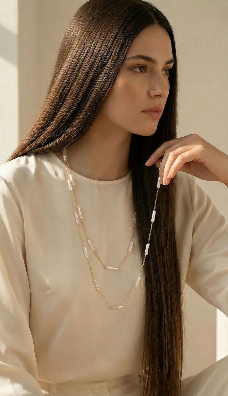 Straight Biwa Gold Long Necklace