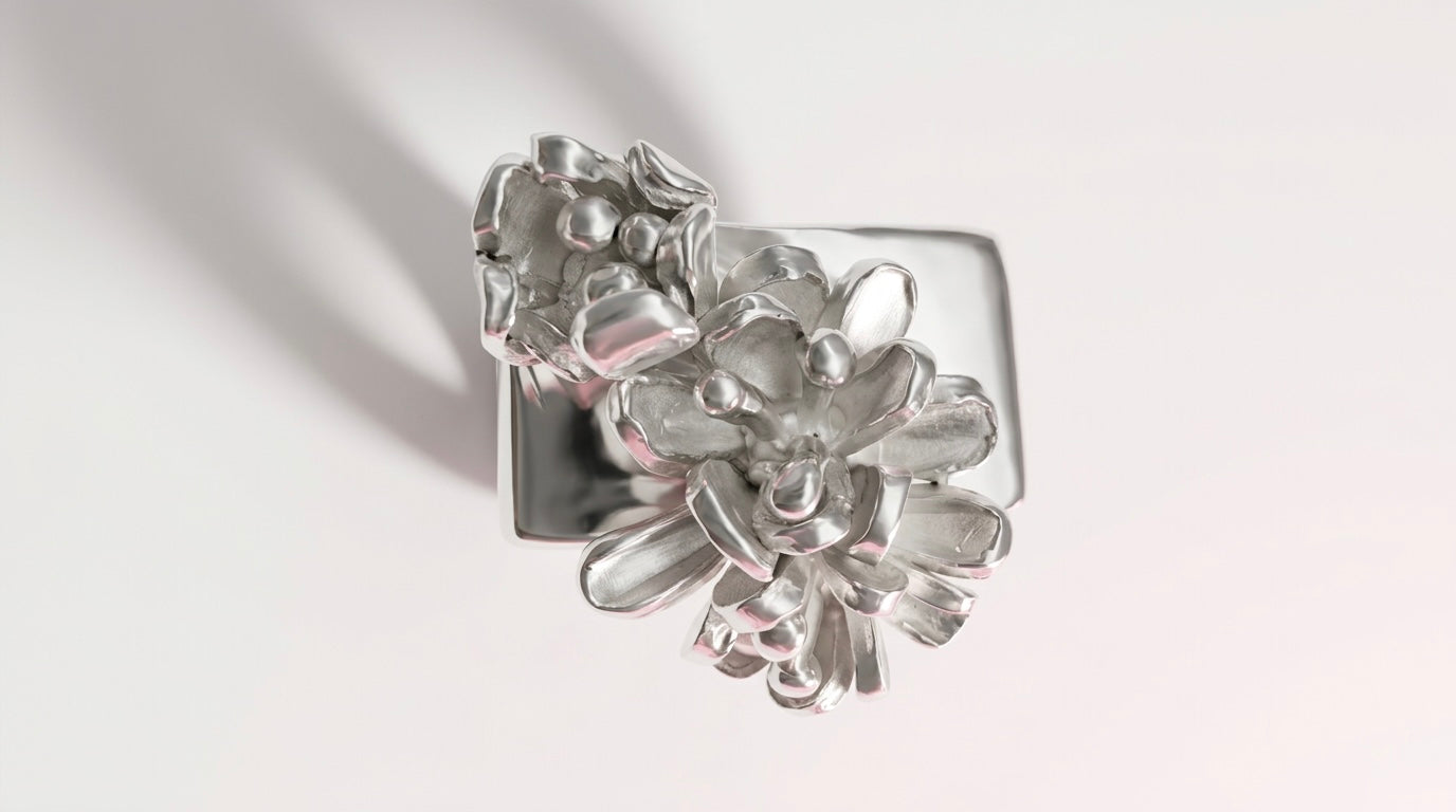 Silver Flower Square Ring