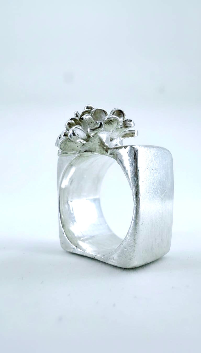 Silver Flower Square Ring