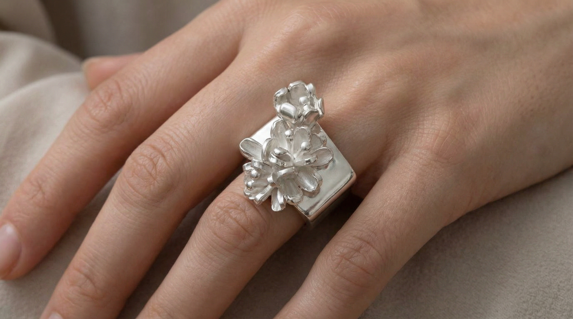 Silver Flower Square Ring