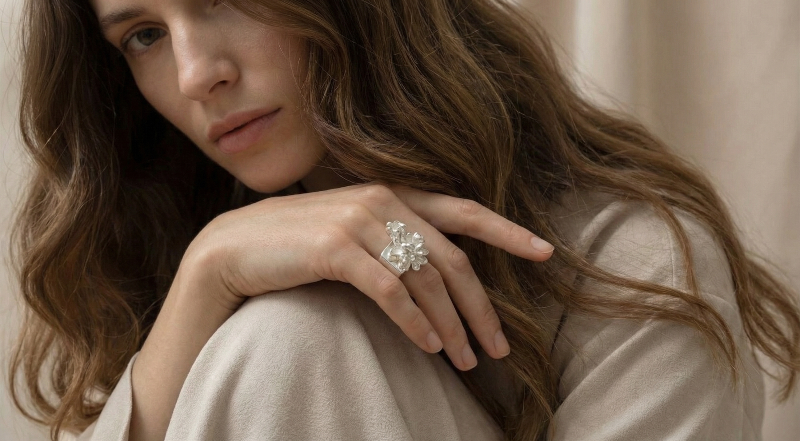 Silver Flower Square Ring