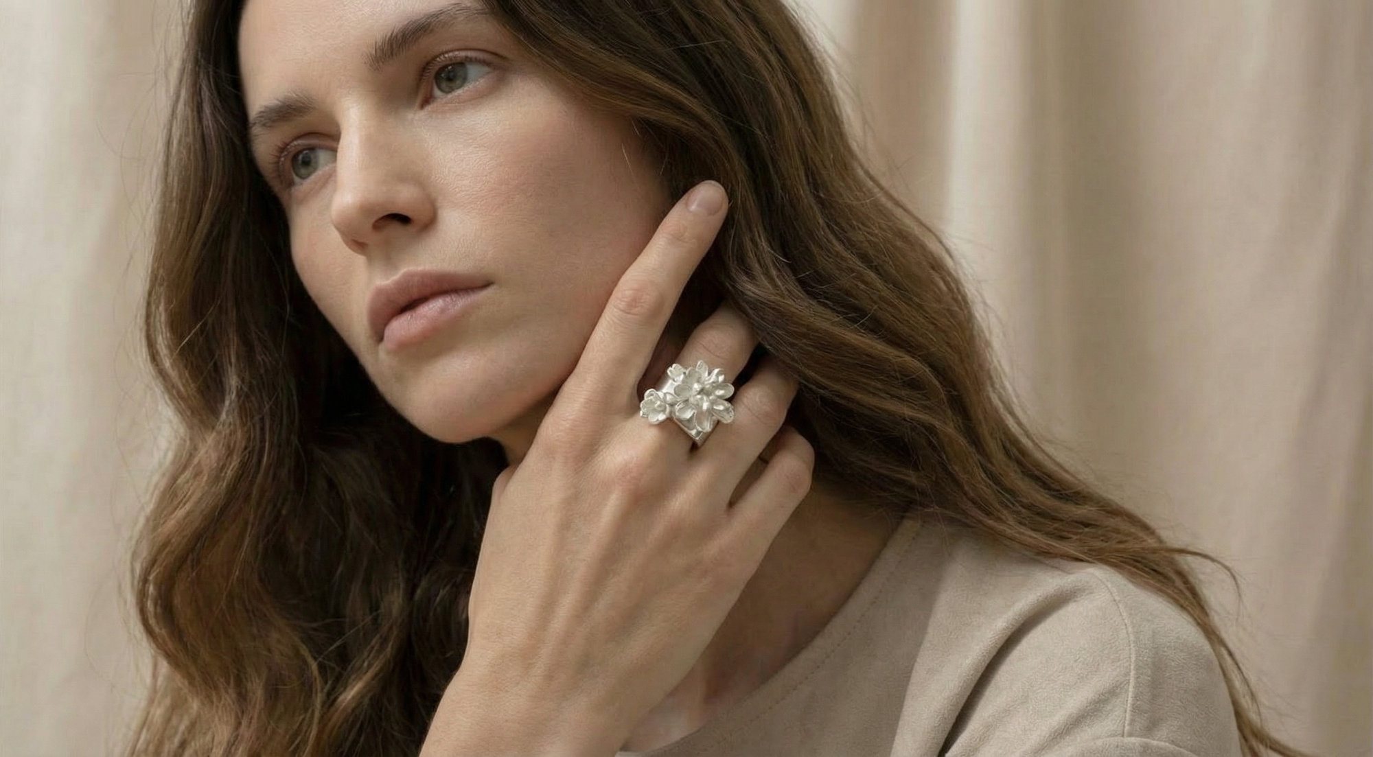 Silver Flower Square Ring
