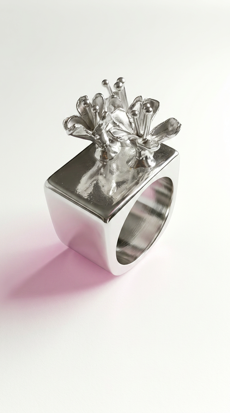 Silver Flower Square Ring
