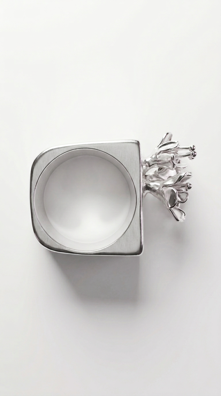 Silver Flower Square Ring