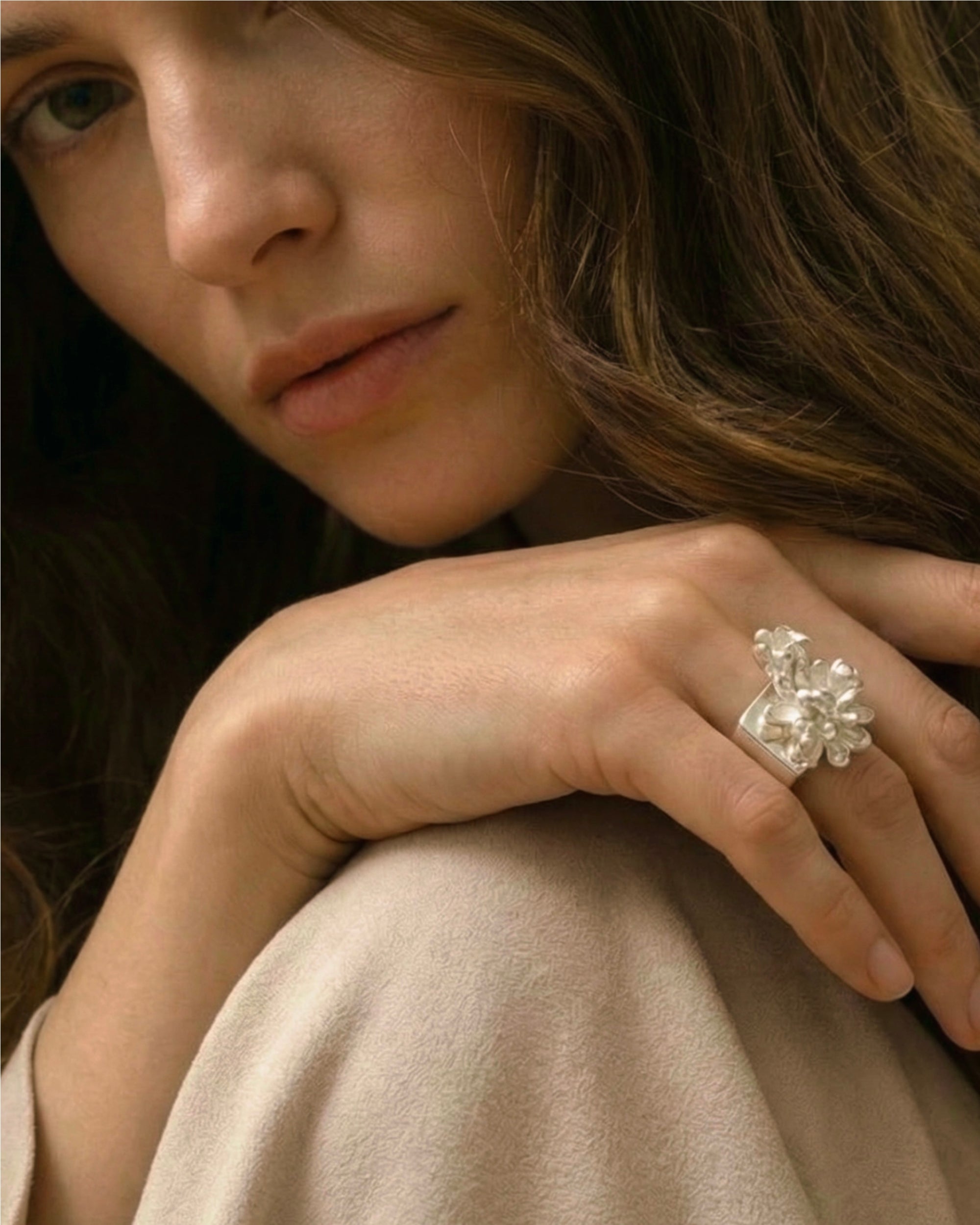 Silver Flower Square Ring